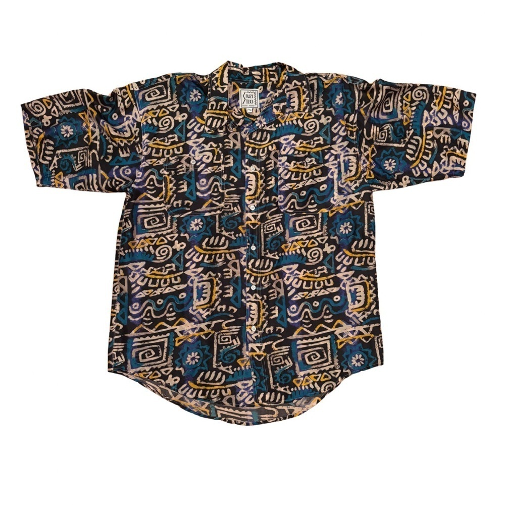 Fuzi Silks Men's Casual Button Down Shirt - Black and Blue Pattern